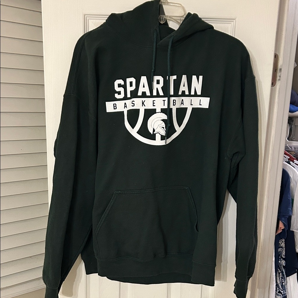 Gildan Dark Green Spartan Basketball Hoodie with White Logo